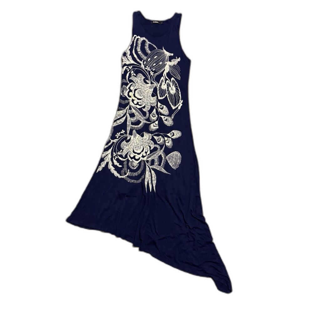Desigual Wakiut Bodycon Dress Navy Blue Embroidered Sz Small Asymmetrical Hem - Picture 4 of 7